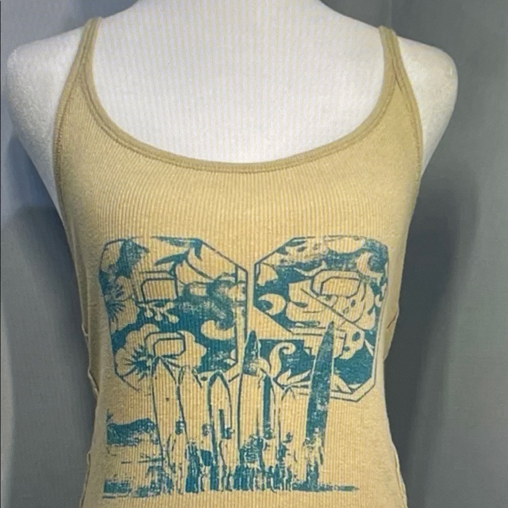 Arizona Jean Company Beige Ribbed Tank with Teal Surf Graphic